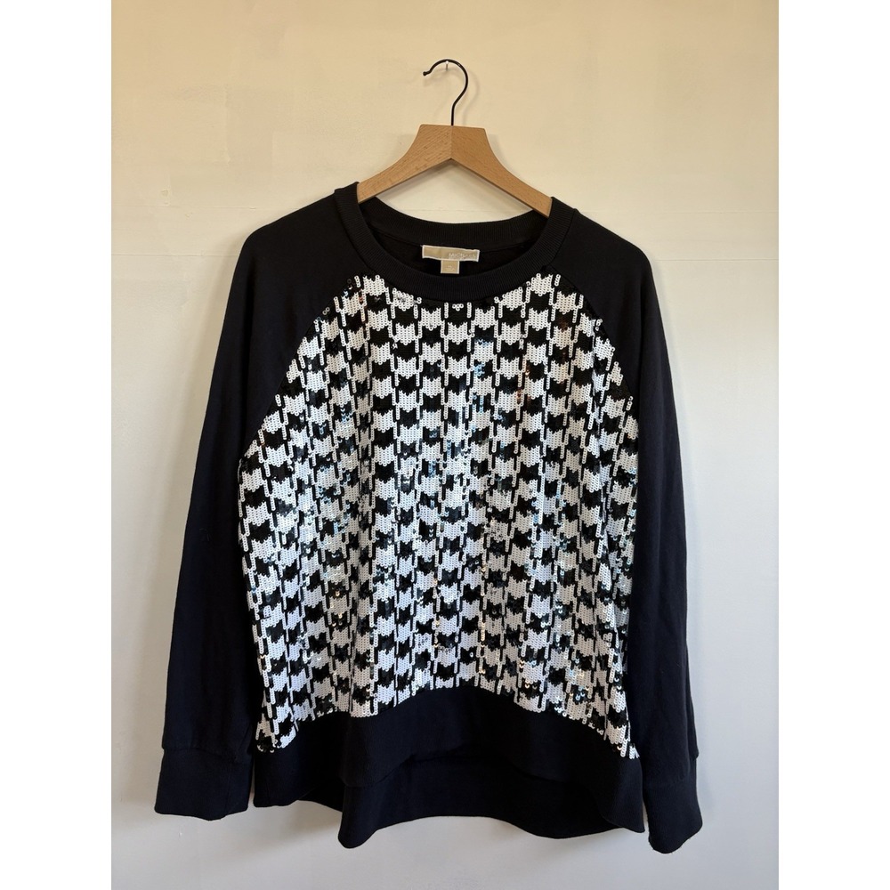 Michael Kors Sequin Disco Houndstooth Raglan Sweater Navy Blue White XLarge